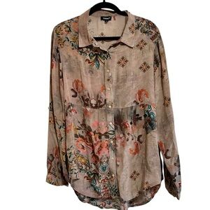 Tolani Beige Floral Button Down Shirt
